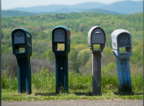 Four mailboxes on a rural road
