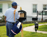 Dog approaching Letter Carrier delivering mail.