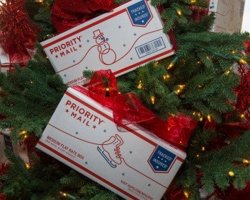 Priority mail boxes with holiday decoration