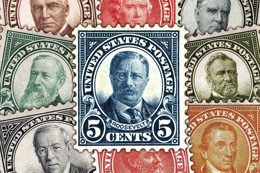 Collage of stamps of U.S. presidents