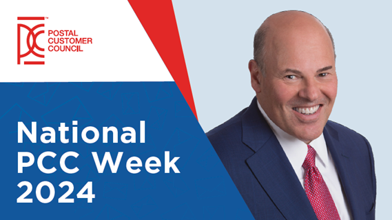 National Postal Customer-Council Week 2024 poster with image of  USPS PMG and CEO Louis DeJoy