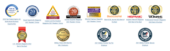 Collage of USPS Best Employer awards for various years.