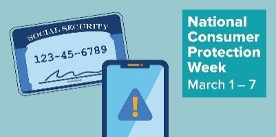 National Consumer Protection week logo, a social security card and a cellphone