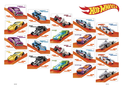 Hot Wheels car stamp sheet.