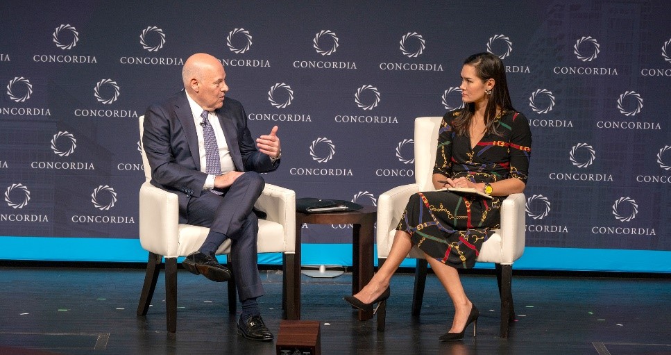 Postmaster General Louis DeJoy is interviewed by Krach Institute CEO Michelle Giuda at the 2023 Concordia United States Summit, Nov. 7. Photo courtesy of Concordia.