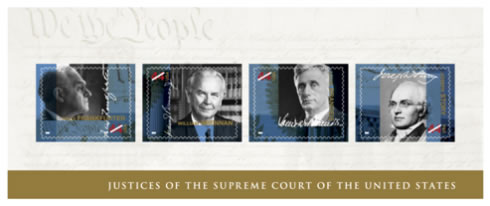 Supreme Court Justices - Joseph Story, Louis D. Brandeis, Felix Frankfurter and William J. Brennan Jr. ─ on a stamp souvenir sheet 