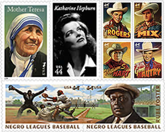 Mother Teresa   Katherine Hepburn   Cowboys of the Silver Screen   Negro Leagues Baseball stamps