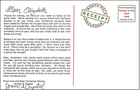 Sample Letter from Santa's Mailroom