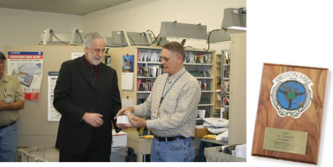 Left Photo: Greater South Carolina District Manager, Nick Rinaldi presenting Owens with the National Safety Council’s Highest Driver Safety Award at the St. George Post Office; Right Photo: National Safety Council’s Highest Driver Safety Award Plaque