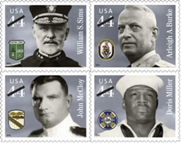 U.S. Navy icons commemorated on the sheet of 44-cent Distinguished Sailors collectable stamps, immortalized for their bravery and distinction during the 20th century. These stamps include a portrait of William S. Sims, Arleigh A. Burke, and John McCloy.