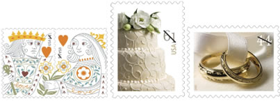 King and Queen of Hearts stamp 2009 Wedding Cake stamp 2009 Wedding Rings stamp