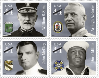 Distinguished Sailors Collectable Stamps Immortalizing Four Sailors Who Served With Bravery and Distinction During the 20th Century: William S. Sims, Arleigh A. Burke, John McCloy and Doris &ldquo;Dorie&rdquo; Miller