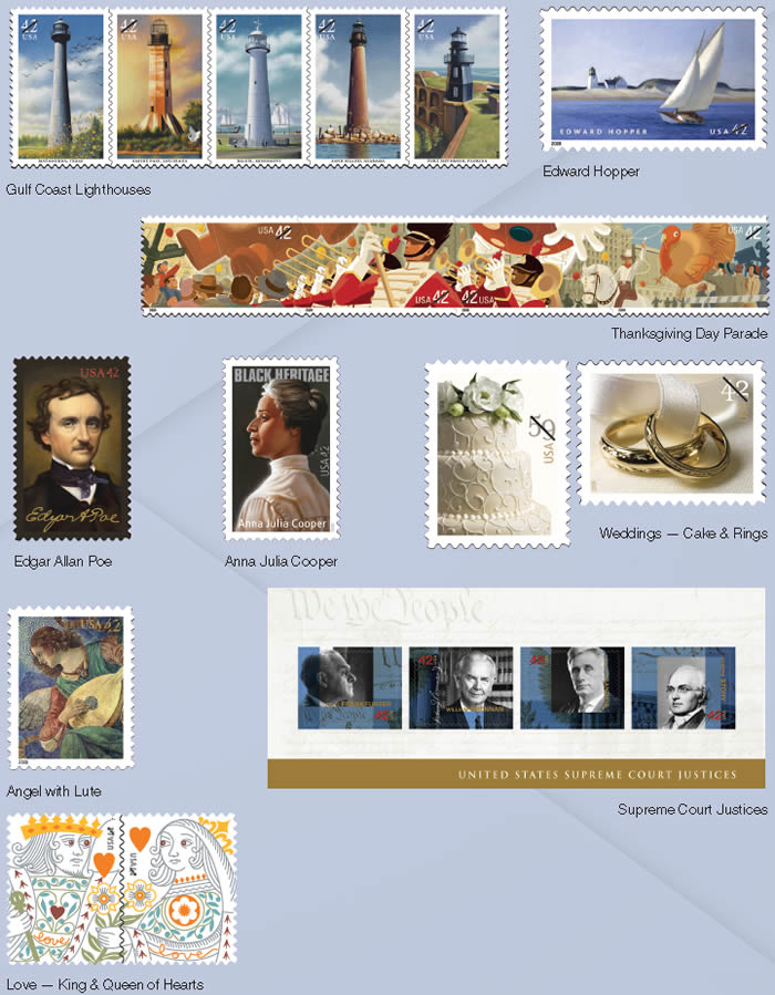 2009 Stamps: Gulf Coast Lighthouses, Edward Hopper, Thanksgiving Day Parade, Edgar Allan Poe, Anna Julia Cooper, Weddings and Rings, Anget with Lute, US Supreme Court Justices and the Love:King and Queen of Hearts