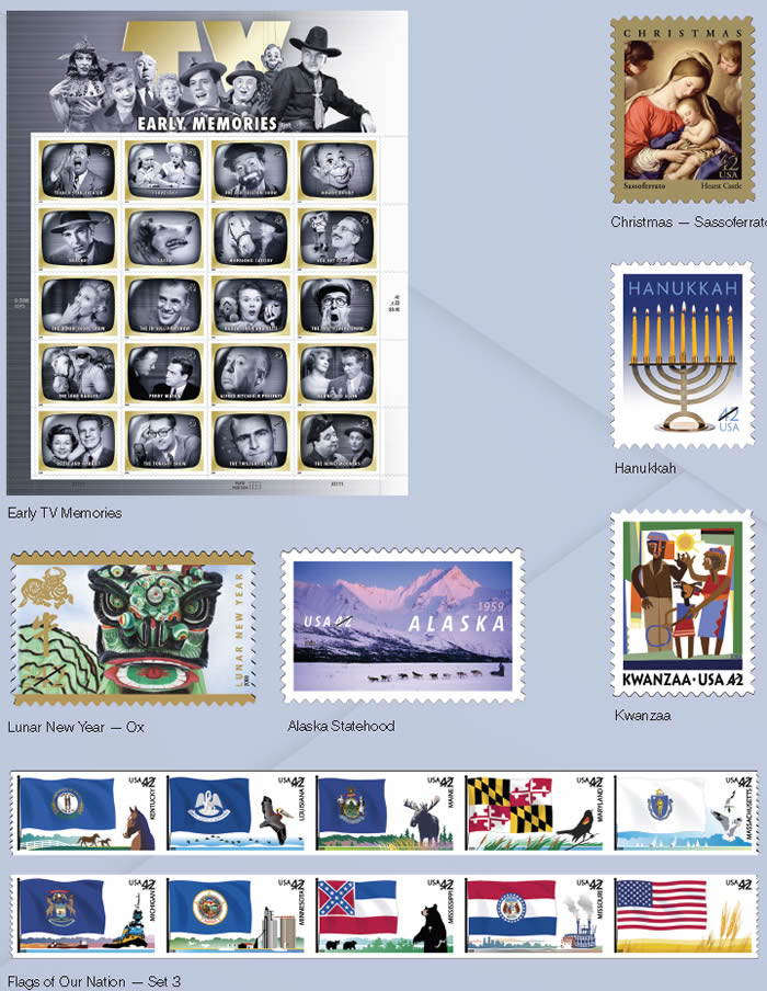 2009 stamps: Early TV Memories, Christmas, Hanukkah, Lunar New Year-Ox, Alaska Statehood, Kwanzaa, Flags of Our Nation(Set 3)