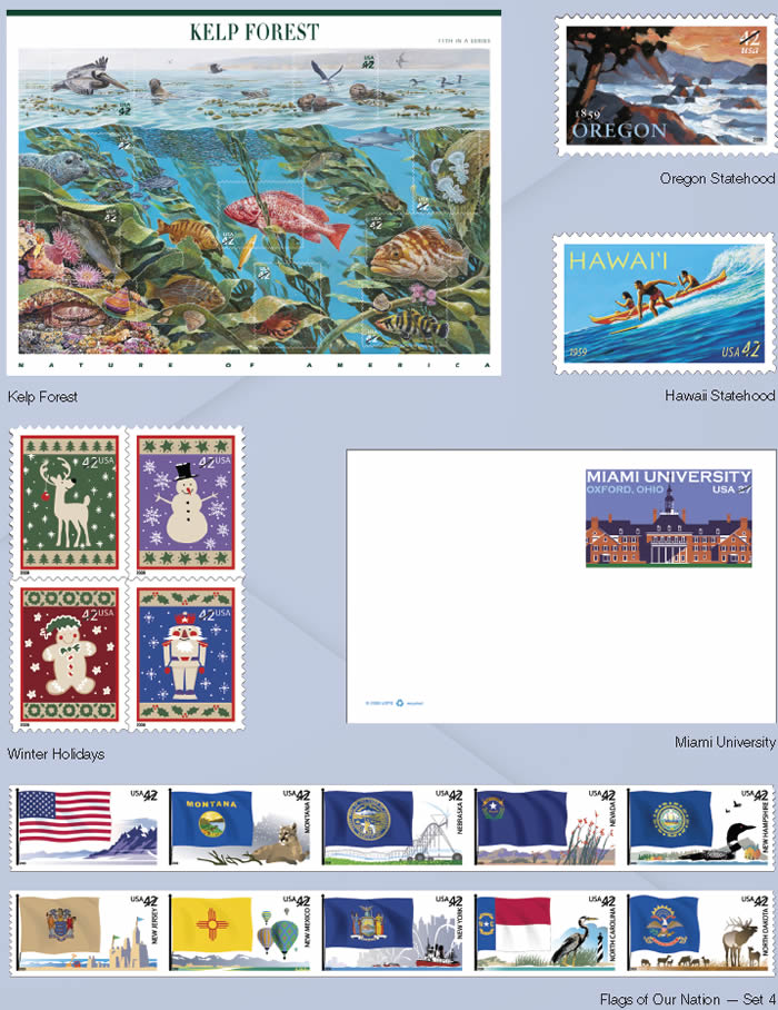 2009 stamps: Kelp Forest, Oregon Statehood, Hawaii Statehood, Winter Holidays, Miami University and Flags of our Nation(Set 4)