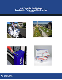 Cover of USPS 2009 Sustainability Report, 'Reduce, Reuse, Recycle', with pictures across the middle of a hybrid deliver truck, sorting equipment, and a mail recycling box, and the USPS logo in the bottom right corner.