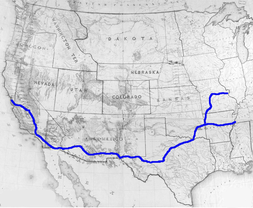 Map showing Butterfield Overland Mail route, from St. Louis and Memphis in the East, to San Francisco in the West.  The routes from the two eastern termini converge at Fort Smith, Arkansas.  From there the route continues to San Francisco via Fort Belknap and El Paso, Texas, and Yuma, Arizona.    