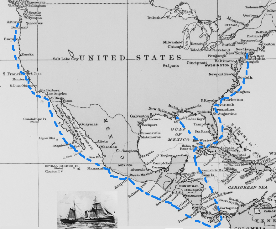 Map showing mail routes that steamships traveled along the Atlantic Coast, from New York south to Charleston, Savannah, Havana, New Orleans, and on to Panama.  On the Pacific side, the mail route followed the coast from Panama north to Oregon, with stops in Mexico and California.