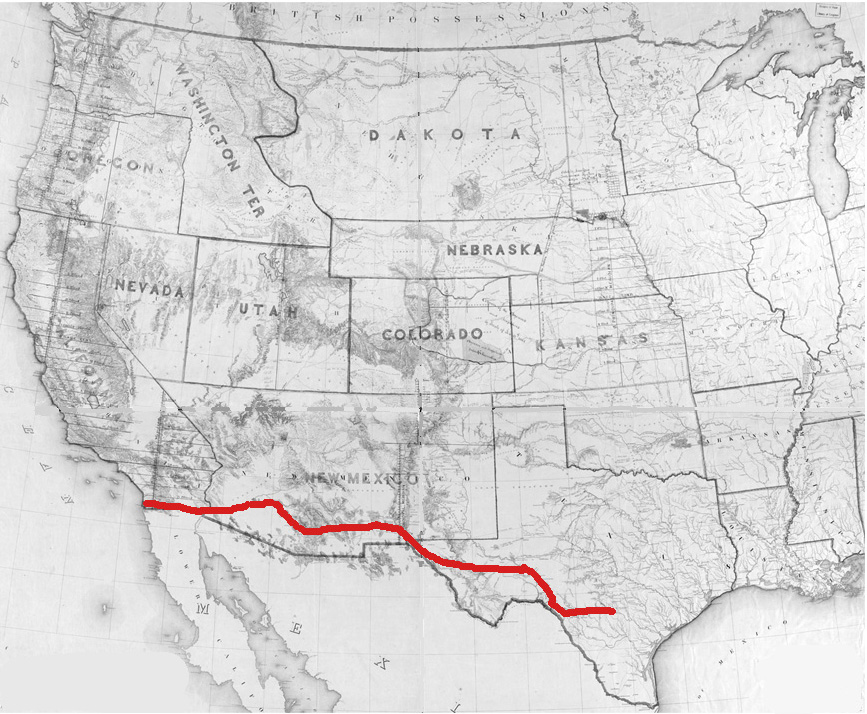 Map showing the mail route connecting San Antonio, Texas, with San Diego, California, via El Paso and Yuma. 