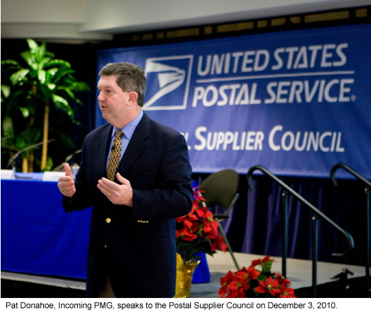 Pat Donahoe, Incoming PMG, speaks to the Postal Supplier Council on December 3, 2010