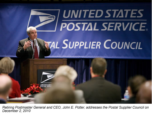 Retiring Postmaster General and CEO, John E. Potter, addresses the Postal Supplier Council on December 2, 2010