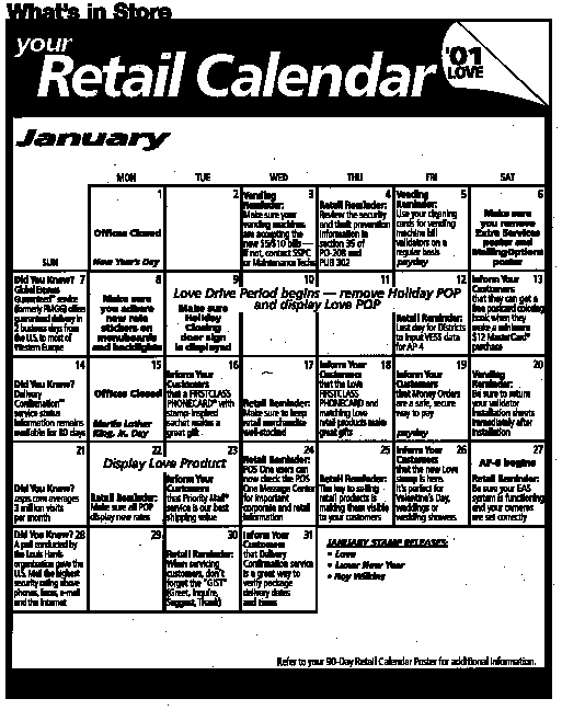 What's in store January calendar can be found on the Retail Intranet site at http://retail.usps.gov
