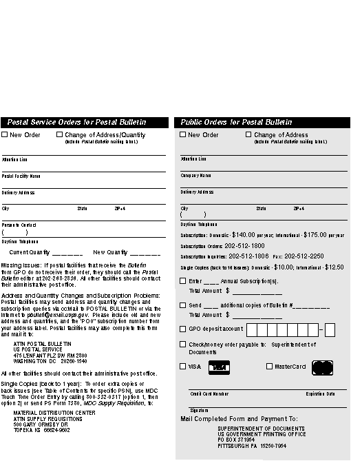 Sample of the Postal Service Order forms for the Postal Bulletin