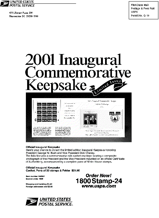 Pictured: 2001 Inaugural commemorative Keepsake Limited Issue. For ordering information, call 1800Stamp-24.
