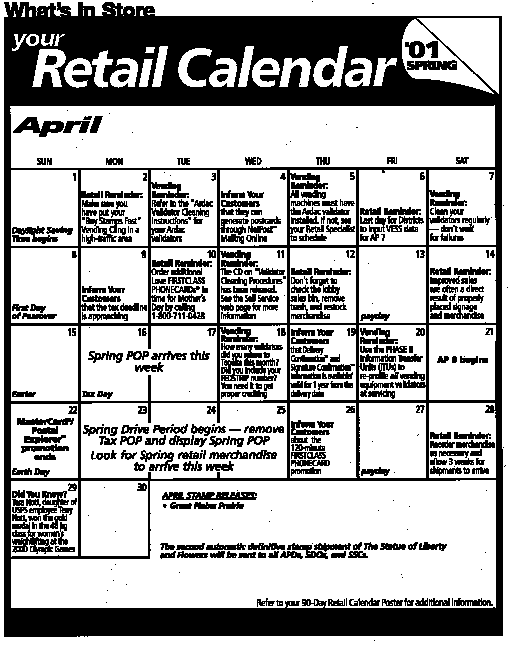 Pictured: Your Retail Calendar for April.  For detailed information go to http://retail.usps.gov