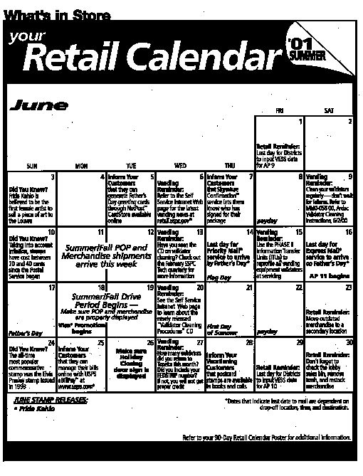 What's in Store, Your Retail Calendar for June, 2001 and can be found at http://retail.usps.gov