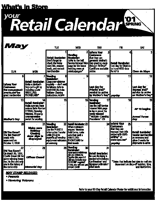 What's in Store, Your Retail Calendar for May 2001 and can be found at http://retail.usps.gov