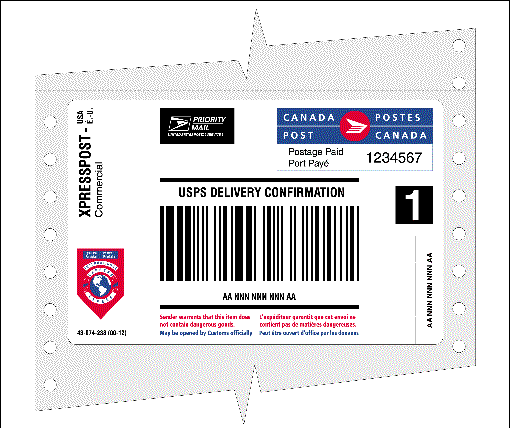 New look for Xpresspost-USA labels now containing the US Postal Service's Priority Mail logo.