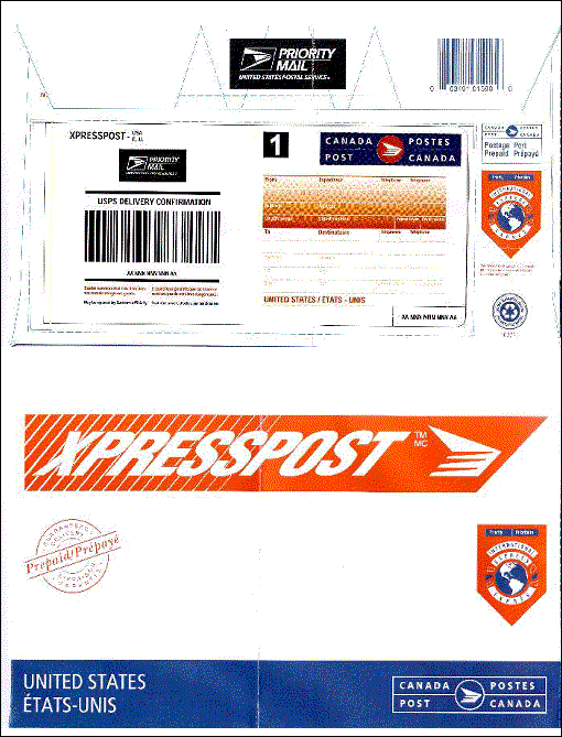 New look for Xpresspost-USA prepaid envelopes containing the US Postal Service's Priority Mail logo.