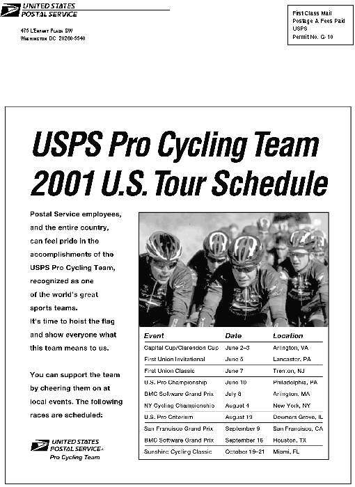 US Postal Service Pro Cycling Team 2001 U.S. Tour Schedule. A D-link is provided.