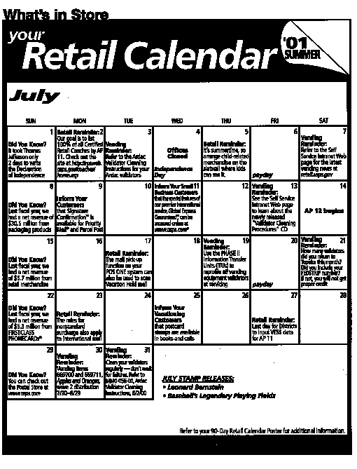 What's In Store, Your Retail Calendar for July 2001 and can be found at http://retail.usps.gov