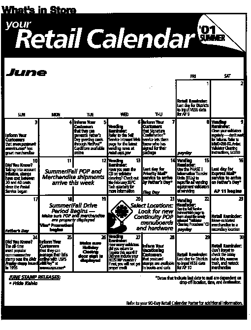 What's In Store, Your Retail Calendar for June 2001 and can be found at http://retail.usps.gov