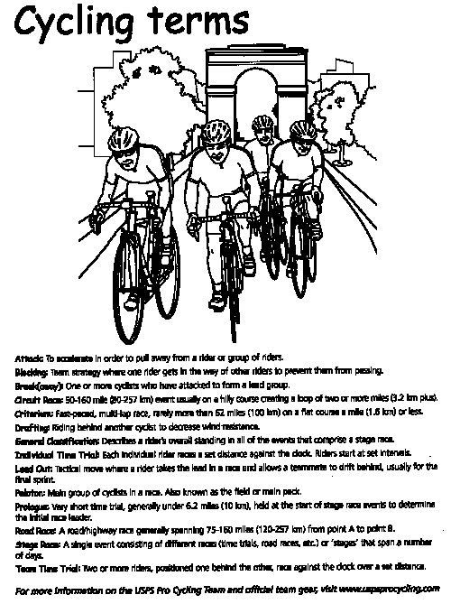 Cycling terms coloring page. For more information on the US Postal Service Pro Cycling Team and official team gear, visit www.uspsprocycling.com. A D-Link is provided.