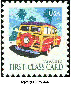 Stamp Announcment 01-35, Woody Wagon Presorted Stamp. Copyright US Postal Service 2000.