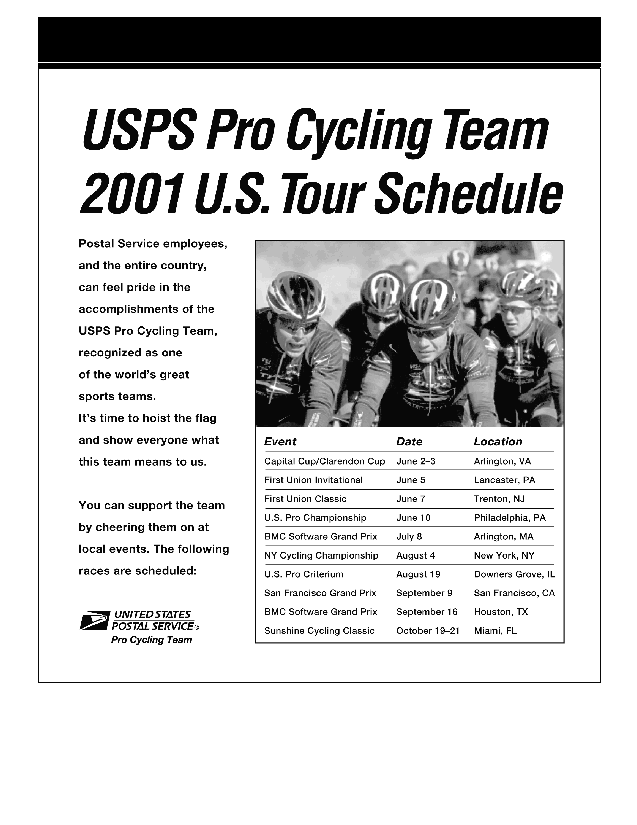 US Postal Service Pro Cycling Team 2001 U.S. Tour Schedule. A D-Link is provided.