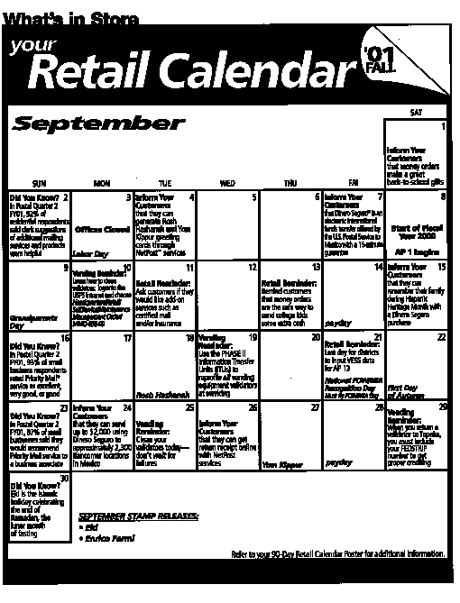What's In Store, Your Retail Calendar for September 2001 can be found at http://retail.usps.gov