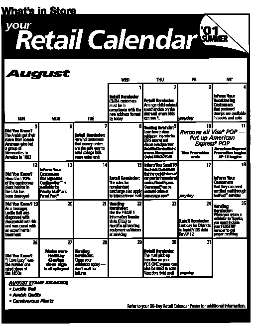 What's In Store, Your Retail Calendar for August 2001 can be found at http://retail.usps.gov