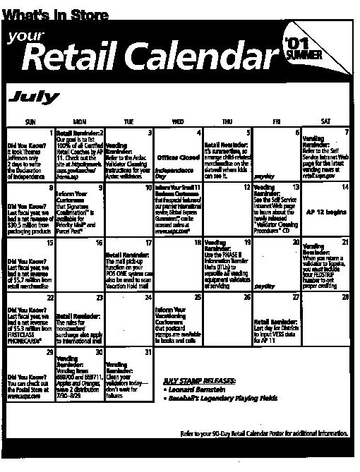 What's In Store, Your Retail Calendar for July 2001 can be found at http://retail.usps.gov