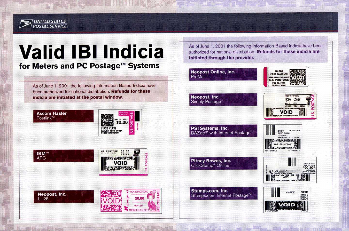 A centerfold color reference sheet for information based indicia (IBI) for meters and PC Postage systems. A d-link is provided