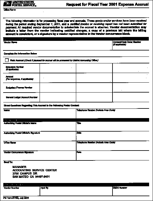 PS Form 8163, Request for Fiscal Year 2001 Expense Accrual.