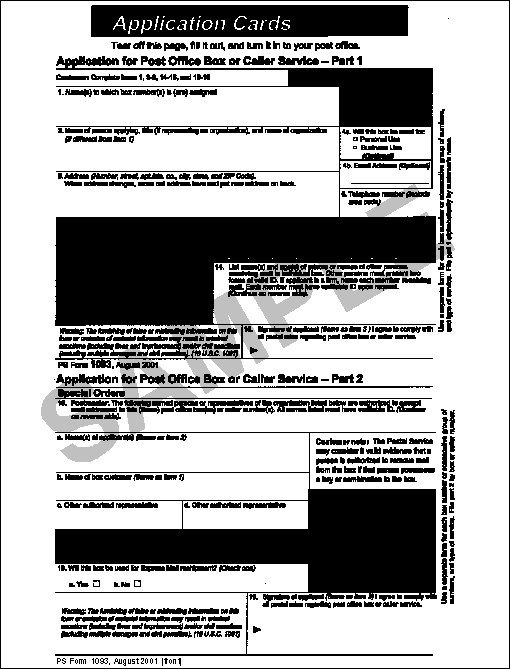 Sample PS Form 1093 - Application for Post Office Box or Caller Service, Part 1 (front).
