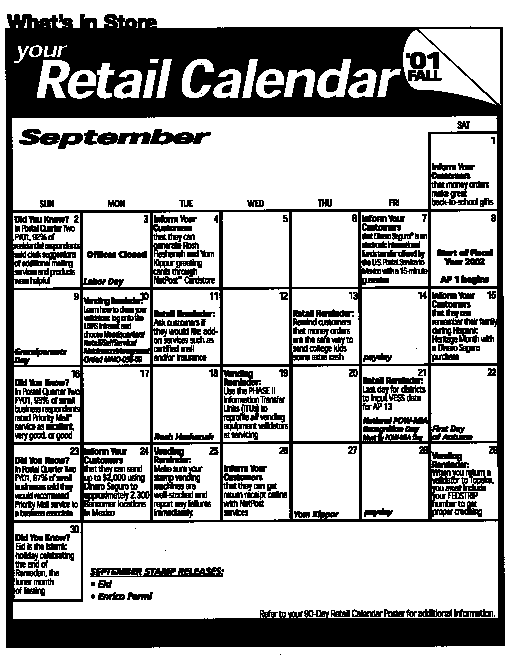 What's In Store, Your Retail Calendar for September 2001 and can be found at http://retail.usps.gov