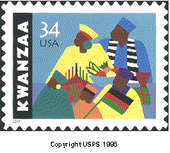Stamp Announcement 01-50, Kwanzaa Stamp. Copyright US Postal Service 1996.