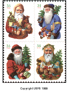 Stamp Announcement 01-48, Holiday Santas Stamp. Copyright US Postal Service 1999.