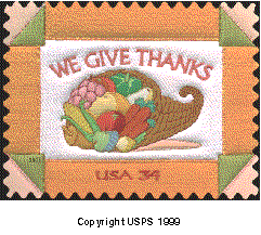 Stamp Announcement 01-47, Thanksgiving Stamp. Copyright US Postal Service 1999.