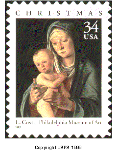 Stamp Announcement 01-46, Christmas Lorenzo Costa Virgin and Child Stamp. Copyright US Postal Service 1999.